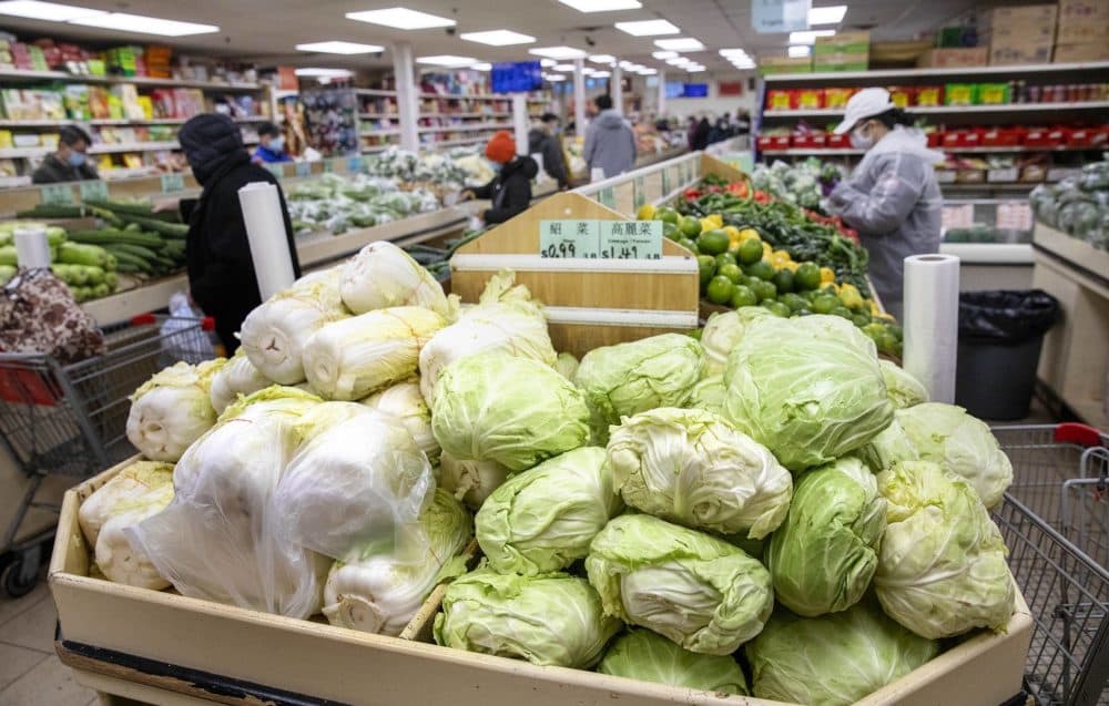 Cabbages on sale in the produce section at the Jia Ho Super Market on Knapp Street, Boston. (Robin Lubbock/WBUR)