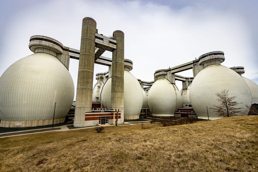 The anaerobic digesters at the Deer Island Water Treatment facility in Winthrop. (Jesse Costa/WBUR)