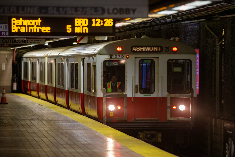 A Red Line train bound for Ashmont rolls slowly into South Station. (Jesse Costa/WBUR)