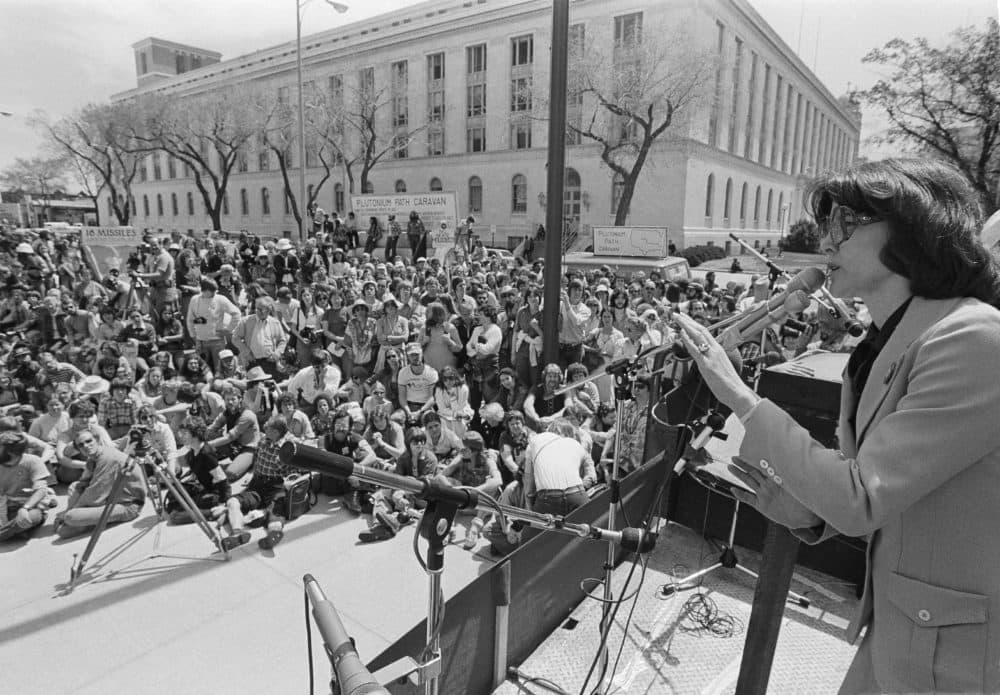 Colorado congressional representative Pat Schroeder addresses a rally in protest of the Rocky Flats Nuclear plant  as several thousand gathered in front of the Federal Courthouse in Denver, April 29, 1978. A caravan to Rocky Flats and a peaceful demonstration there was planned for the afternoon. (AP Photo/Raimundo Borea)