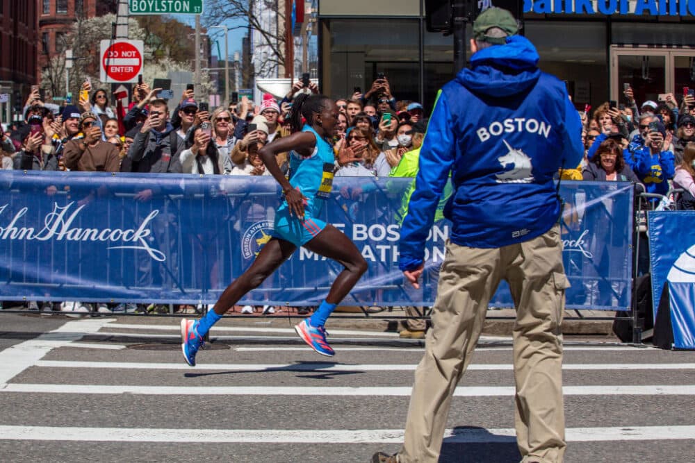 Peres Jepchirchir from Kenya, races and wins first place in the Womenâs elite division at the 126 Boston Marathon on April 18, 2022 in Boston, Massachusetts, United States. (Lauren Owens Lambert/Anadolu Agency via Getty Images)