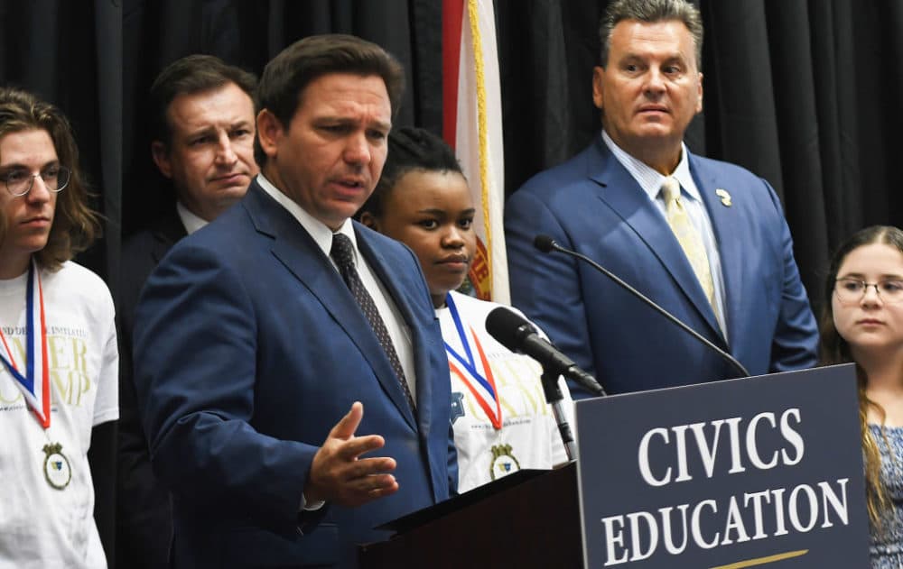 Florida Governor Ron DeSantis speaks at a press conference to discuss Florida's civics education initiative of unbiased history teachings at Crooms Academy of Information Technology in Sanford. Educators have voiced concerns about promoting conservative ideologies through the state's teacher civics training programs. (Photo by Paul Hennessy/SOPA Images/LightRocket via Getty Images)