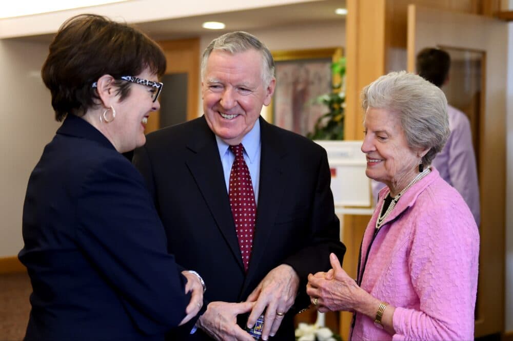 (L-R) Connecticut College president Katherine Bergeron is greeted by Jerry and Carolyn Holleran before the celebration of the 10th Anniversary of the Holleran Center for Community and Global Engagement at Alvernia, March 28, 2018. (Lauren A. Little/MediaNews Group/Reading Eagle via Getty Images)