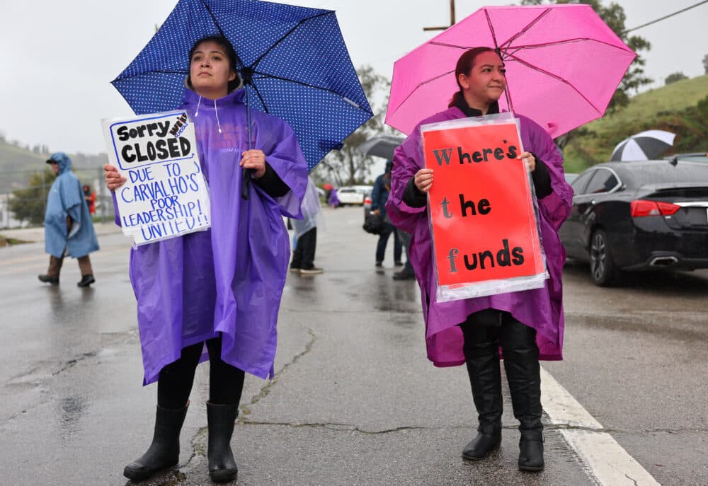 Los Angeles Unified School District (LAUSD) workers and supporters rally outside a LAUSD district office. (Mario Tama/Getty Images)