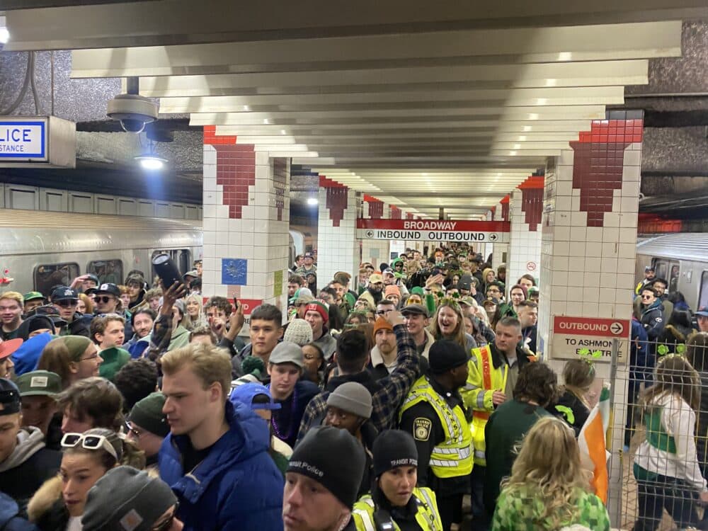 Thousands of riders took the T to South Boston's St. Patrick's Day parade amid ongoing speed restrictions across much of the system. (Walter Wuthmann/WBUR)