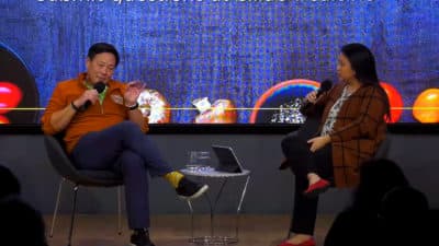 Chefs Ming Tsai (left) and Irene Li speak onstage at an event hosted by WBUR's CitySpace on Feb. 6. (Courtesy WBUR CitySpace)
