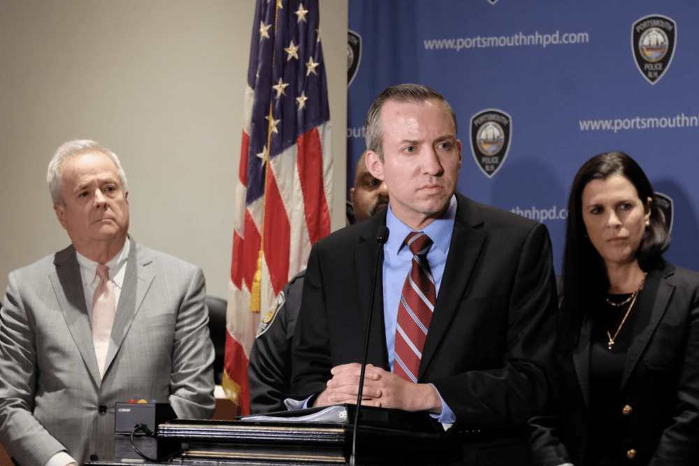 New Hampshire Attorney General John Formella announced a civil complaint had been filed against NSC-131 during a press conference in Portsmouth in January. (Todd Bookman/NHPR)