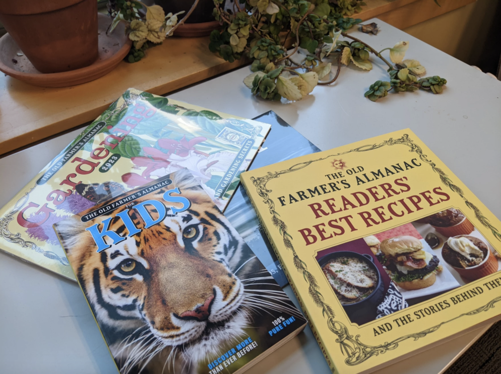 The Old Farmer's Almanac has developed many publications since its humble beginnings in 1792. It now has a recipe book, an Almanac for kids, garden and weather calendars, and more. (Olivia Richardson/NHPR)