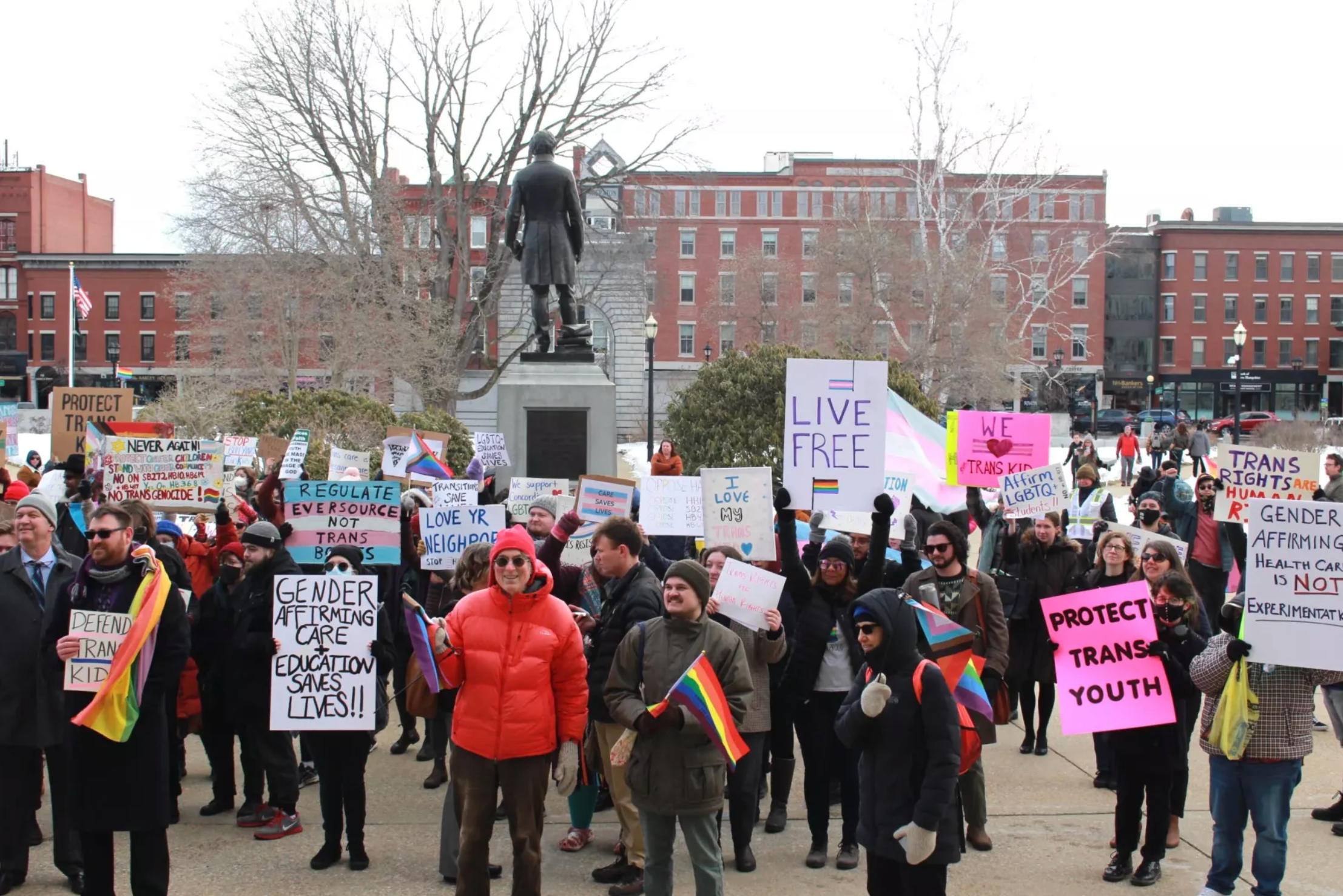 A crowd gathers at the N.H. State House to oppose several bills dealing with the rights of LGBTQ+ youth, March 7. (Zoey Knox/NHPR)