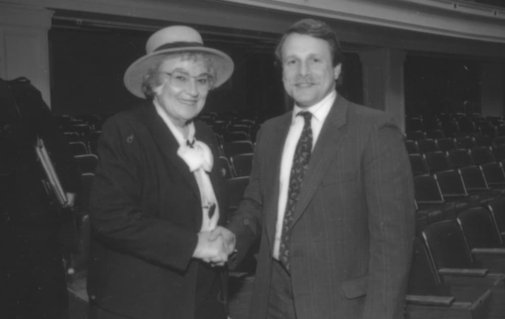 Bella Abzug and the author’s father, Paul Tanklefsky, in April 1990, in Boston, when Bella came to deliver a speech as part of Suffolk’s Lowell Lecture Series. The author’s father, who worked as Suffolk’s director of career services and cooperative education for many years, gave the introduction. (Courtesy Suffolk University Moakley Archive & Institute)