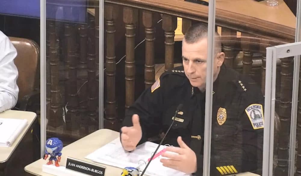 Holyoke, Massachusetts, Police Chief David Pratt responds to an audit of the department, during a City Council committee meeting on March 6, 2023. (Screenshot/Holyoke Media)