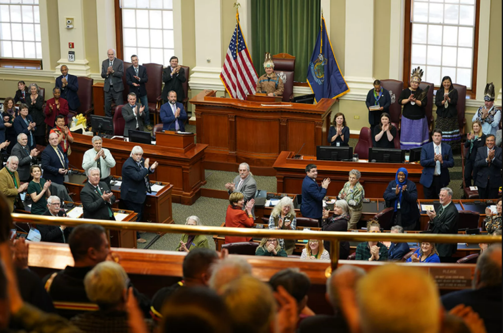 William Nicholas, chief of the Passamaquoddy Tribe at Indian Township, addresses a joint session of the Maine Legislature on March 16. (Rebecca Conley/Maine Public)