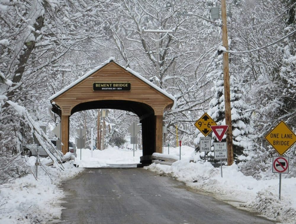 Bement Bridge, a covered bridge in Bradford, New Hampshire, after a snow storm in January. (Dan Tuohy/NHPR)