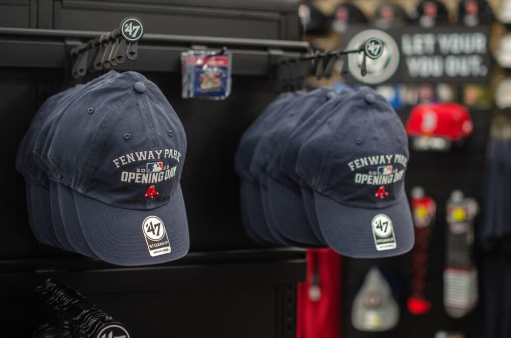The Red Sox team store is stocked for Opening Day at Fenway Park. (Sharon Brody/WBUR)