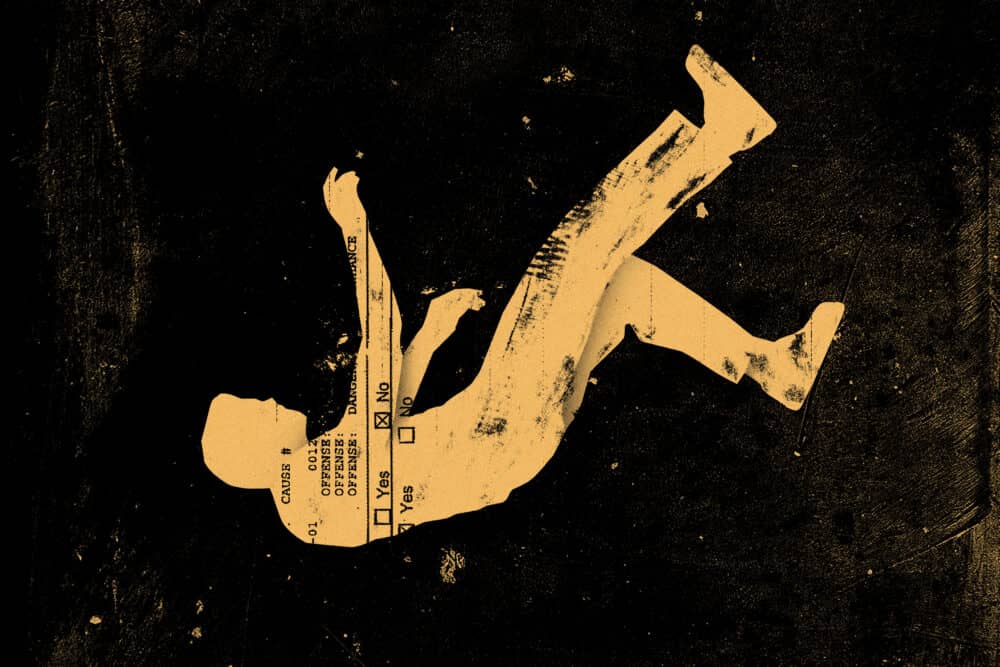 An illustration shows a yellow silhouette of a person freefalling against a grunge black and yellow background. (Diego Mallo for The Marshall Project)