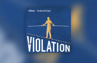 A podcast logo set atop a blurry blue and yellow background. In the logo, a yellow figure balances on top of a tightrope made out of barbed wire. Below, in all caps: “Violation.” (Diego Mallo for The Marshall Project)
