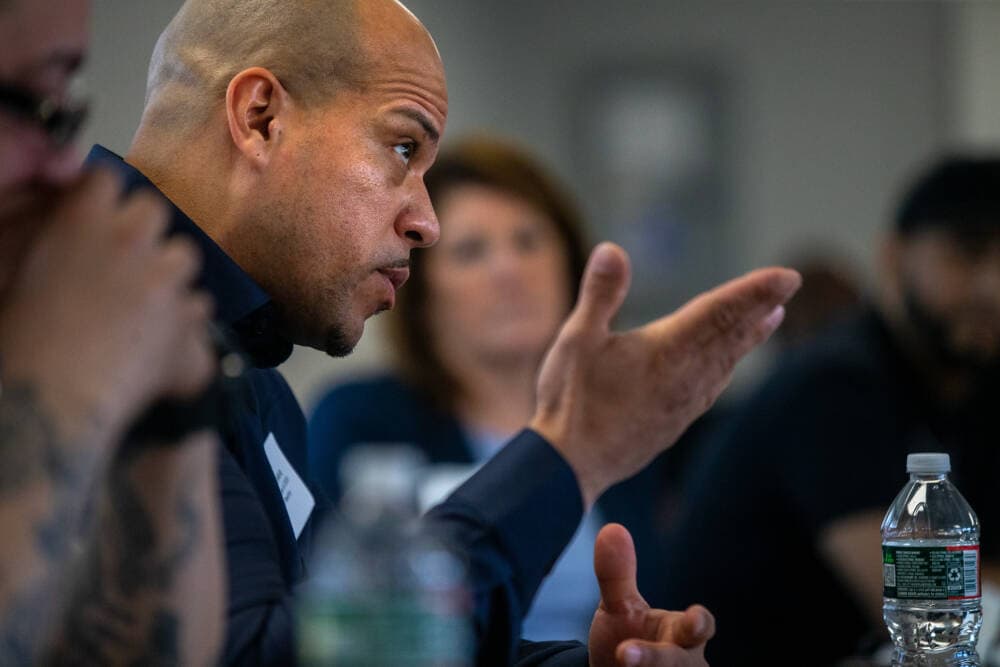 Roberto Rivera, graduate of the 2020 class, discusses his experiences being involved in the School of Reentry program during a roundtable discussion at the Boston Pre-Release Center. (Jesse Costa/WBUR)