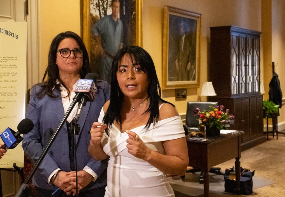 Governor's Council on Latino Empowerment Chair Josiane Martinez (left) and Vice Chair Gladys Vega (right) speak to reporters after the council's first meeting. (Sam Doran/SHNS)