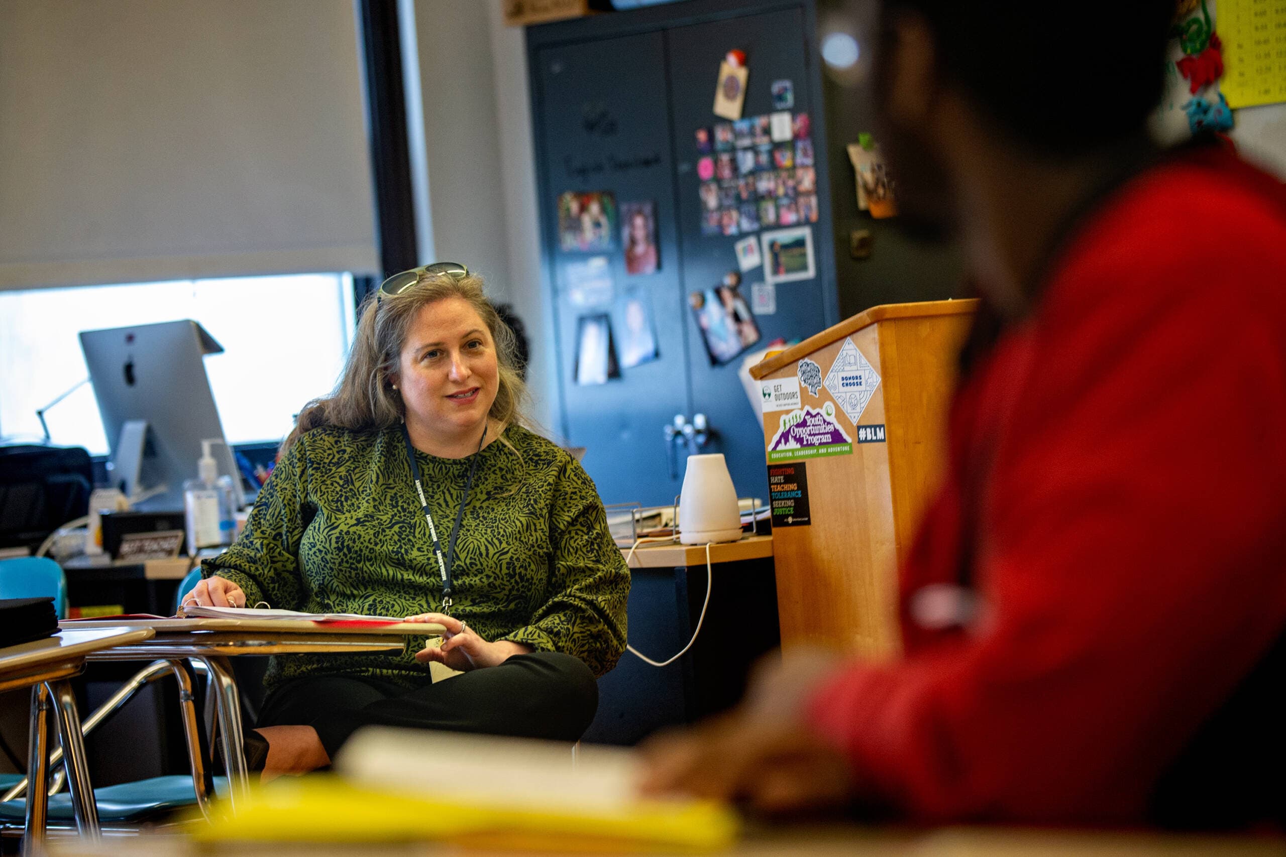 Teacher Kendra Bauer conducts one of her college level English classes at Lowell High School. (Jesse Costa/WBUR)