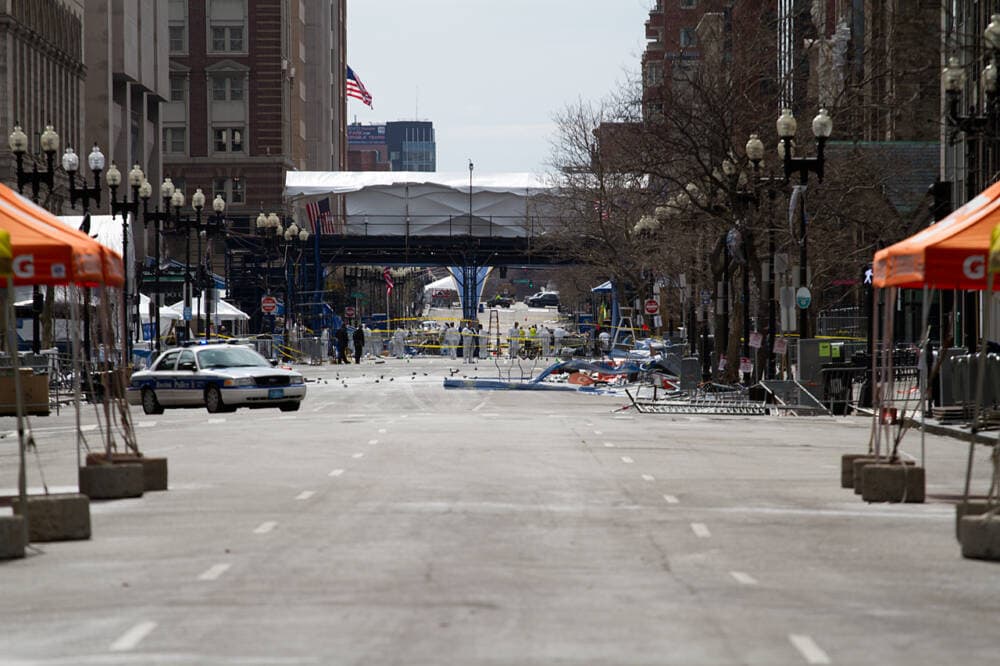 View of the Boston Marathon finish line on Boylston St. the day after the bombing (Jesse Costa/WBUR)