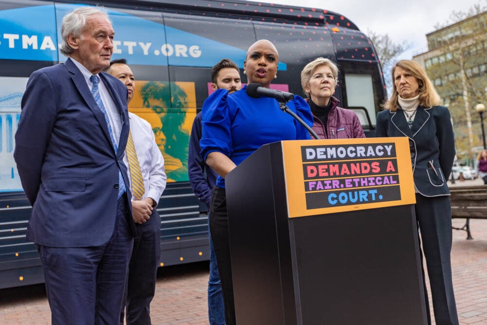 U.S. Congresswoman Ayanna Pressley speaks during the “Just Majority” Bus Tour Kick-off event in Copley Square. (Jesse Costa/WBUR)