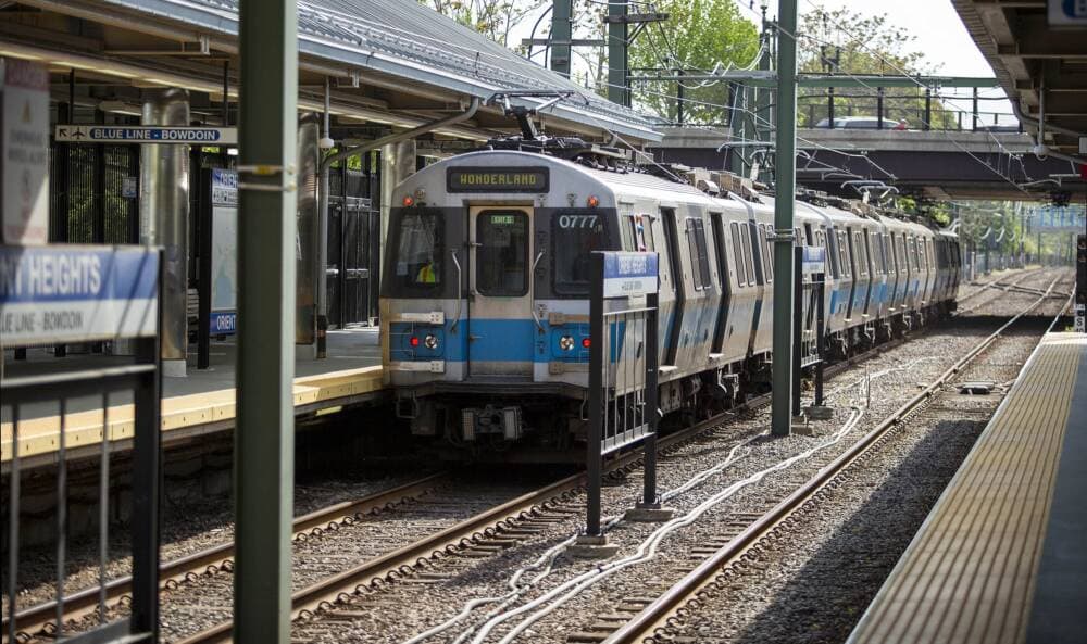 An MBTA Blue Line train at the Orient Heights Station. (Robin Lubbock/WBUR)