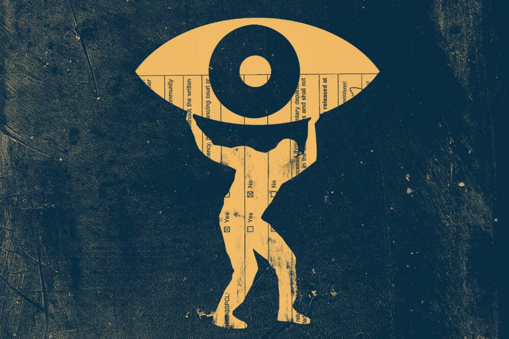 An illustration shows a yellow silhouette hunched over as it lifts a large eye, against a grunge blue and yellow background.