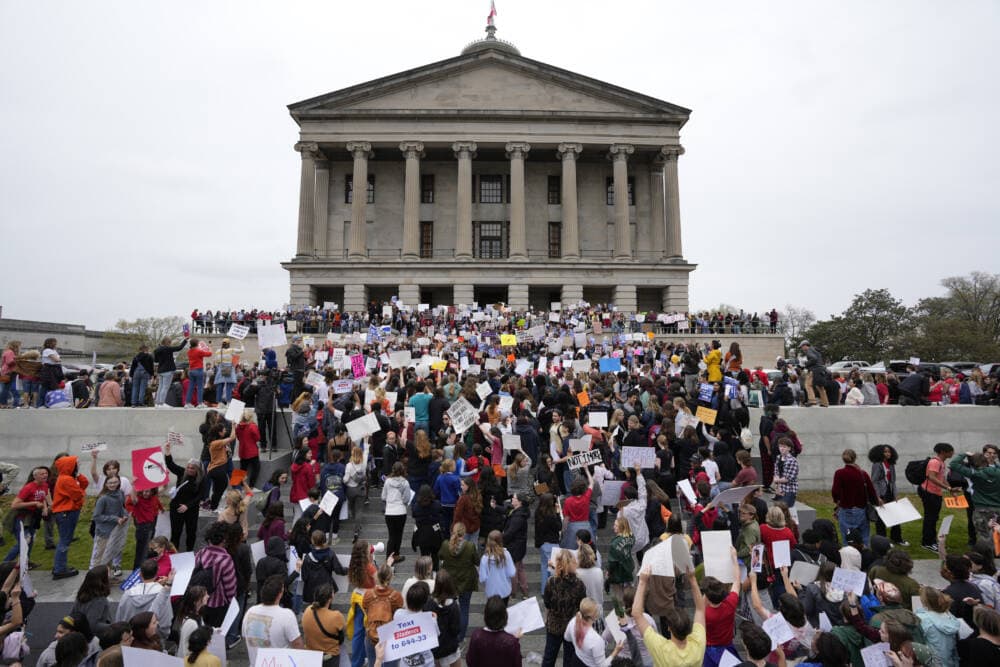 Students march on the State Capitol steps during the March for Our Lives anti-gun violence protest in Nashville on April 3, 2023. (George Walker IV/AP)