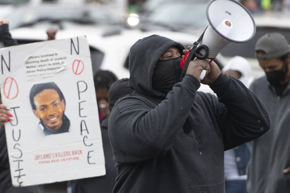 Protesters march and block traffic Monday, April 17, 2023, on Vernon Odom Blvd. after a grand jury decision not to charge eight Akron, Ohio police officers in the death of Jayland Walker last summer. (Phil Long/AP)