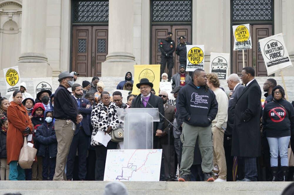 More than 200 people gather on the steps of the Mississippi Capitol on Jan. 31, 2023, to protest against a bill that would expand the patrol territory for the state-run Capitol Police within the majority-Black city of Jackson and create a new court with appointed rather than elected judges. (Rogelio V. Solis/AP)