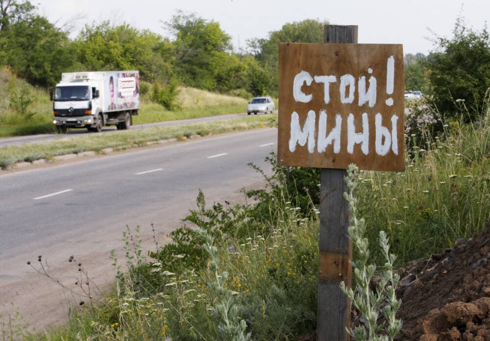 A poster reading 'Stop! Mines!' stands at a verge near the city of Kramatorsk, Donetsk region, eastern Ukraine. (Dmitry Lovetsky/AP)