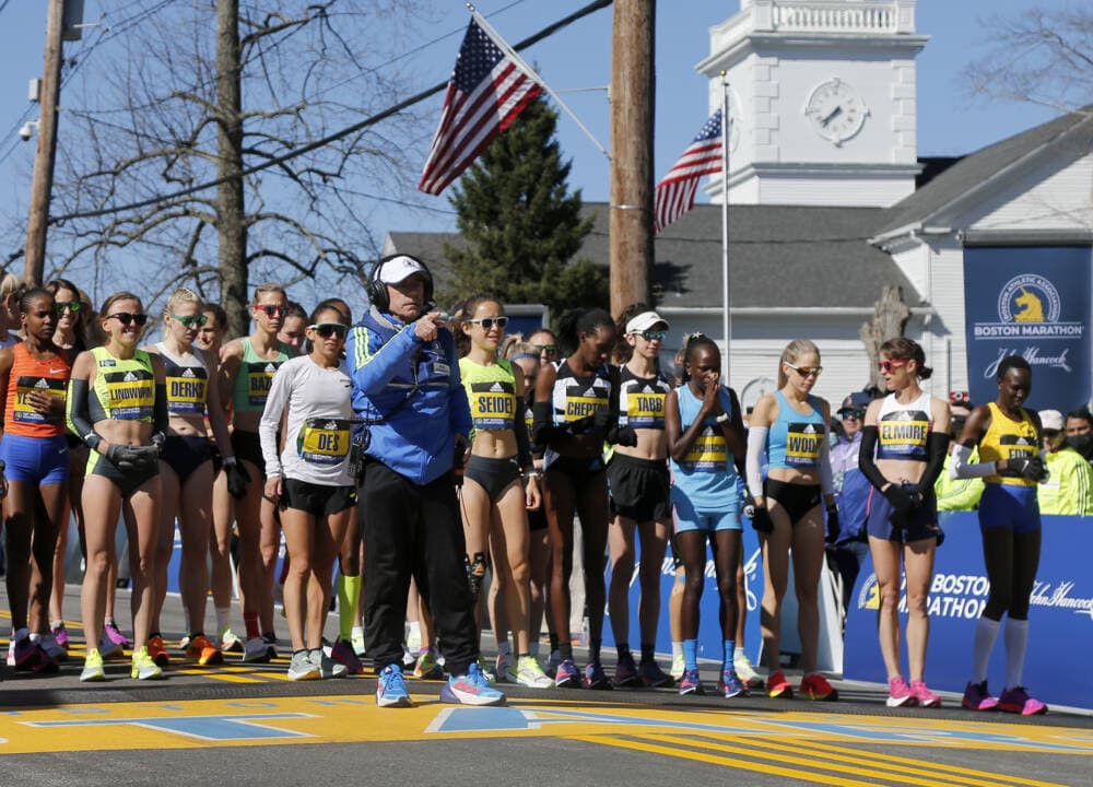 Boston Marathon race director Dave McGillivray stands at the starting line for the elite women's start at the 126th Boston Marathon last year. (AP Photo/Mary Schwalm)
