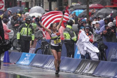 Des Linden after she won the Boston Marathon. (Courtesy of Carrie Cox)
