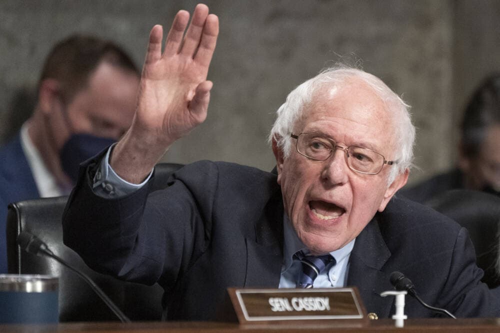 Senate Health, Education, Labor and Pensions Committee Chair Sen. Bernie Sanders, I-Vt., responds to another Senator's remarks during testimony by former Starbucks CEO Howard Schultz, March 29, 2023, on Capitol Hill in Washington. (Jacquelyn Martin/AP)