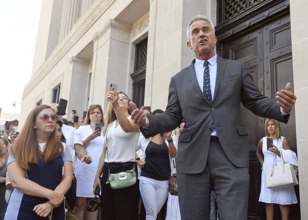 FILE - Attorney Robert F. Kennedy Jr. speaks outside the Albany County Courthouse, Aug. 14, 2019, in Albany, N.Y. Kennedy Jr., an anti-vaccine activist and scion of one of the country’s most famous political families, is running for president. (AP Photo/Hans Pennink, File)