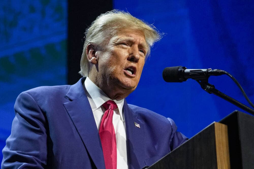 Former President Donald Trump speaks at the National Rifle Association Convention in Indianapolis, April 14, 2023. (Michael Conroy/AP)