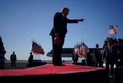 Former president Donald Trump arrives for a campaign rally at Waco Regional Airport in Waco, Texas on Saturday, March 25, 2023. (Jabin Botsford/The Washington Post via Getty Images)