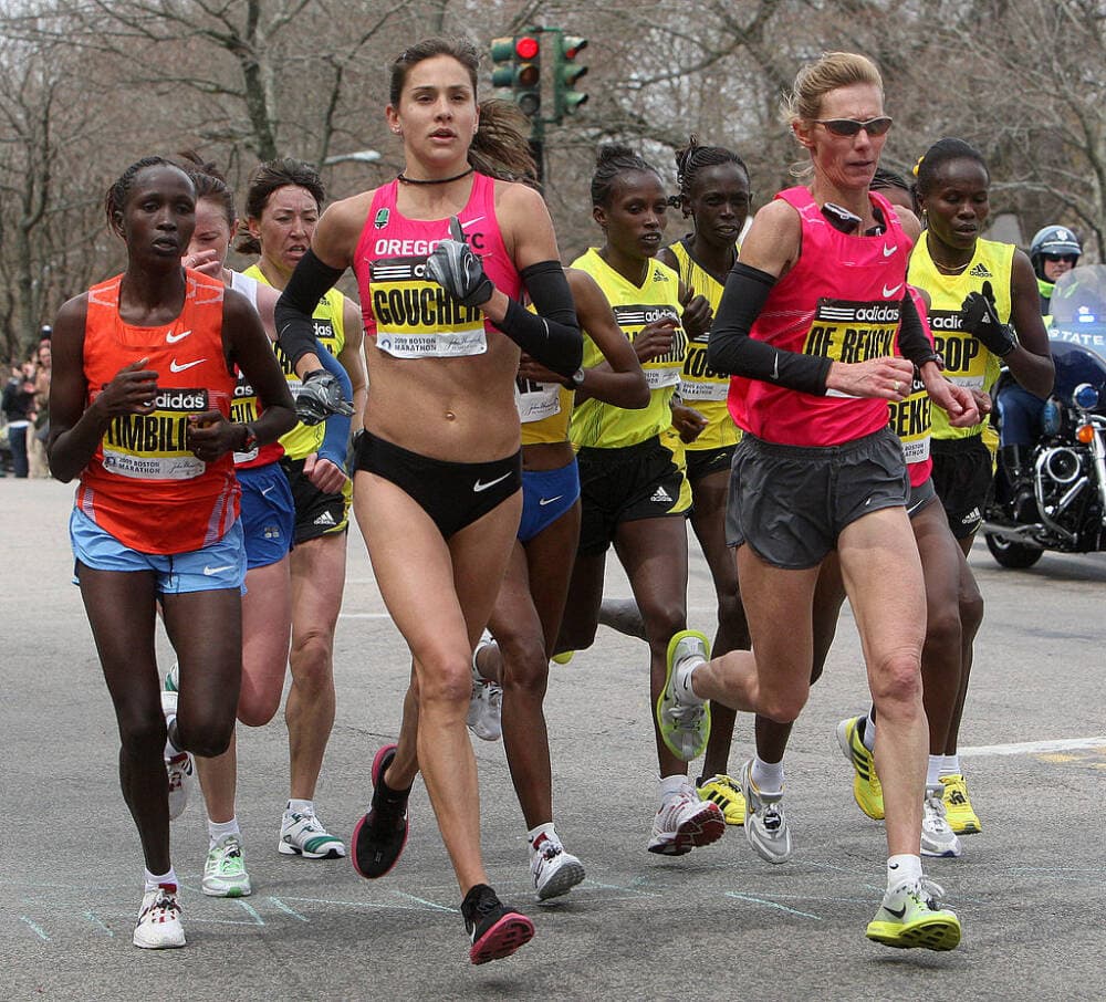 Kara  Goucher of the United States is part of the lead pack of female Boston Marathon runners making their way up Heartbreak Hill section of Commonwealth Ave. in Newton, Mass. on April 20, 2009. Goucher finished third, 9 seconds behind the winner. (John Blanding/The Boston Globe via Getty Images)