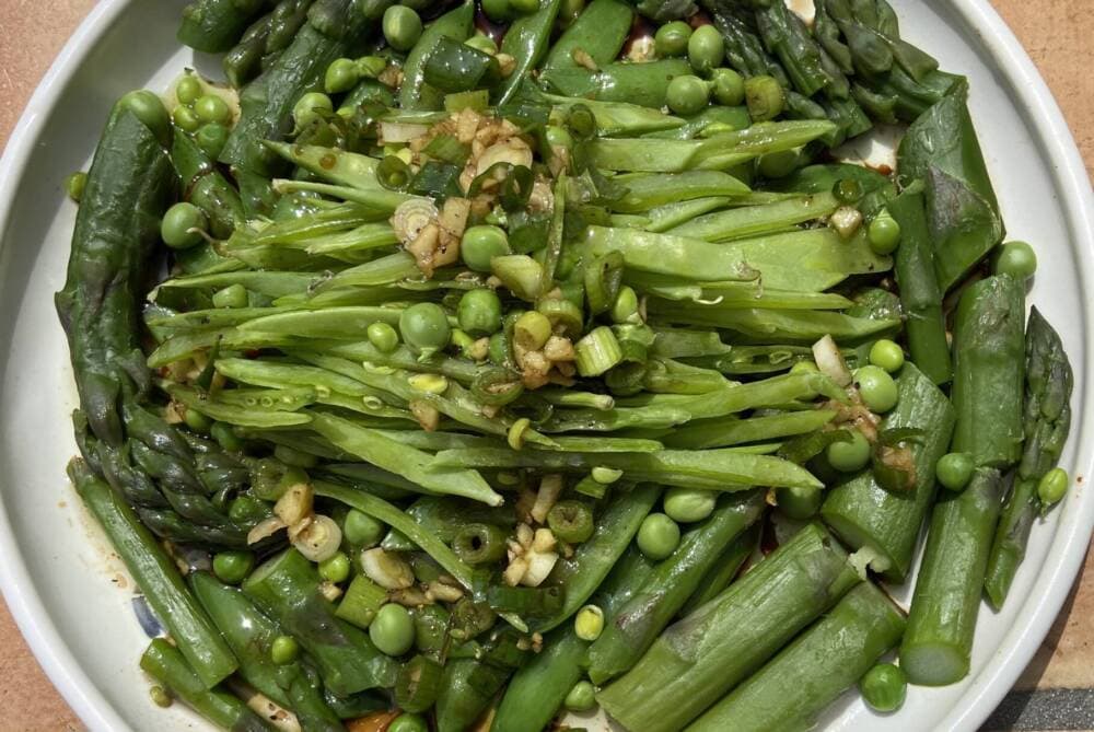 3 pea and asparagus salad with ginger dressing. (Kathy Gunst/Here & Now)