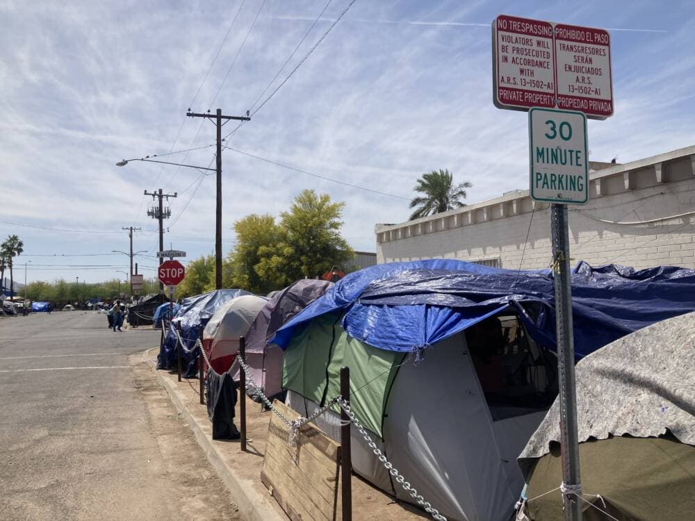 The homeless encampment known as &quot;the Zone&quot; in downtown Phoenix has grown exponentially in recent years. A judge ordered the site to be cleaned up by July. (Peter O'Dowd/Here & Now)