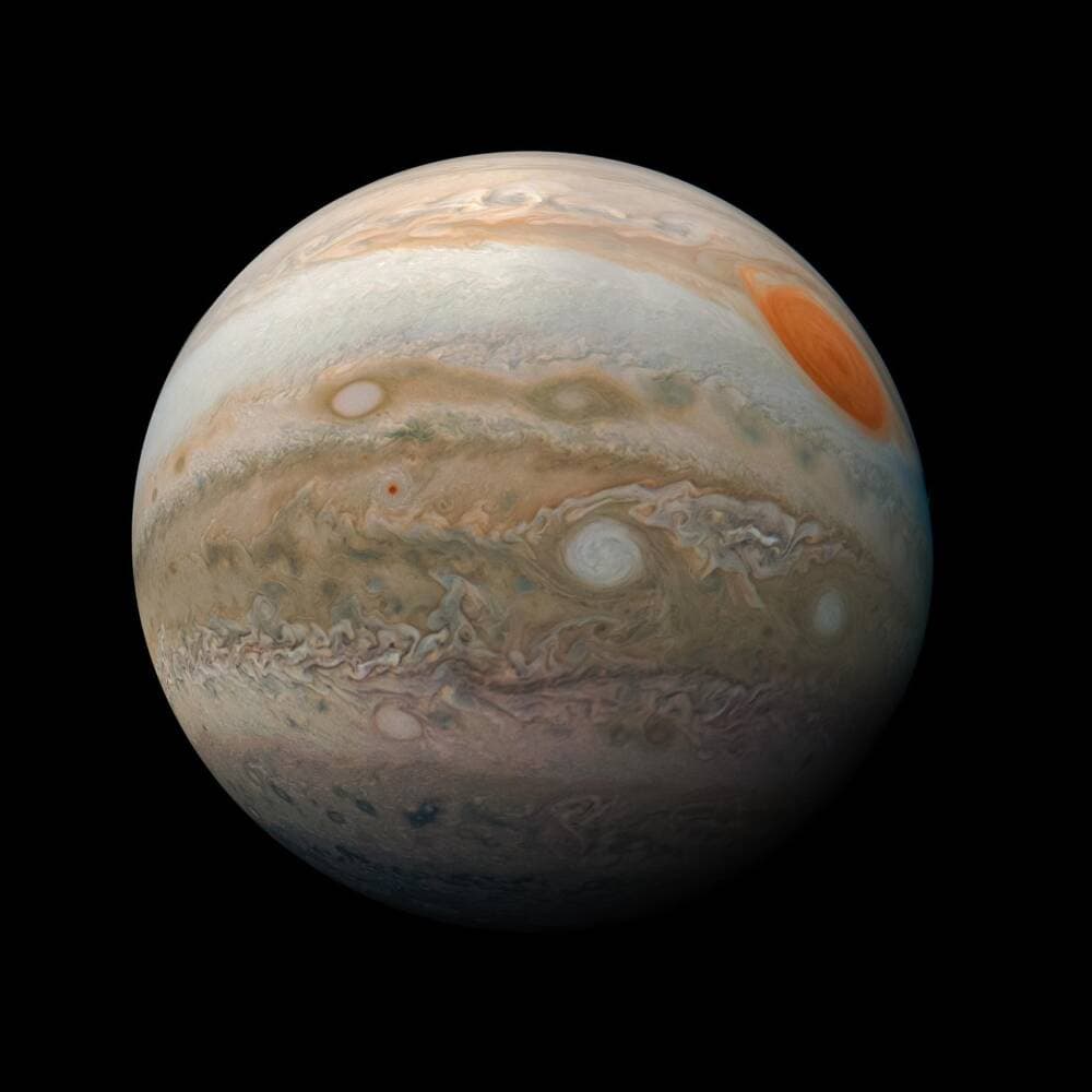 This view of Jupiter's Great Red Spot and turbulent southern hemisphere was captured by NASA's Juno spacecraft as it performed a close pass of the gas giant planet in 2019. (Enhanced image by Kevin M. Gill (CC-BY) based on images provided courtesy of NASA/JPL-Caltech/SwRI/MSSS.)