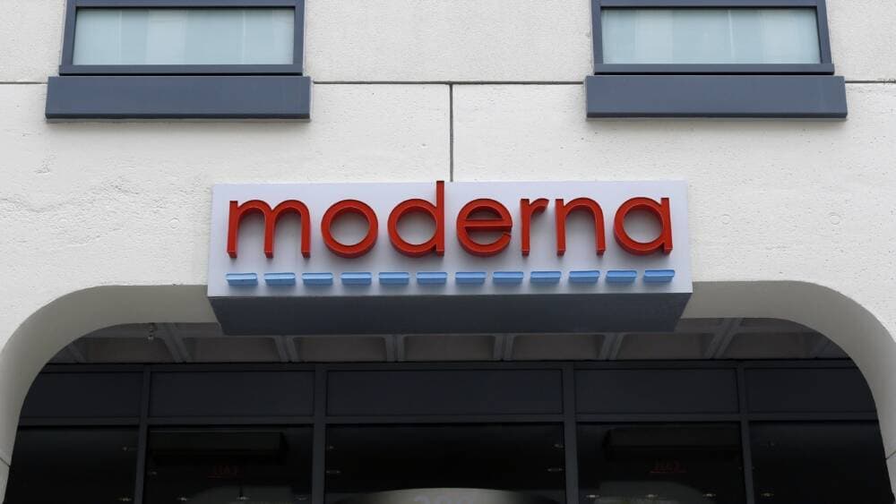 A sign marks an entrance to a Moderna building in Cambridge on May 18, 2020. (Bill Sikes/AP)