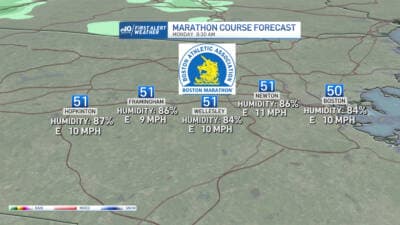 Highs, humidity and wind gusts in towns and cities along the Boston Marathon course. (Graphic courtesy NBC Boston)