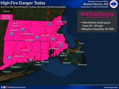 A screenshot of a National Weather Service map showing that a red flag warning is in effect for most of Massachusetts, April 7. (Courtesy National Weather Service)