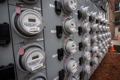 A wall of electricity meters at an apartment complex in Cambridge, Mass. (Robin Lubbock/WBUR)