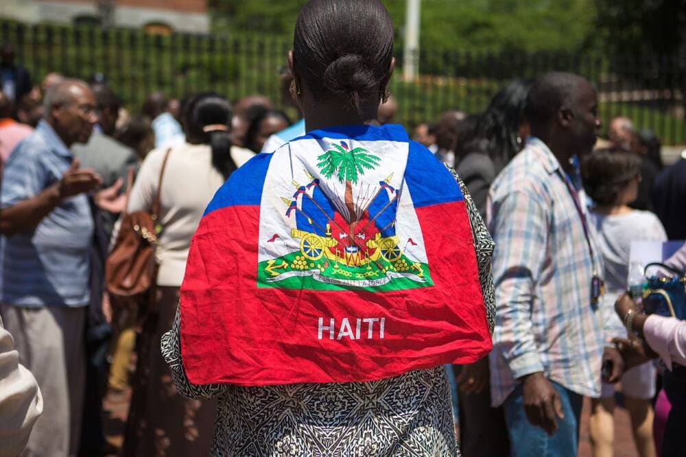 A woman in Boston wears a Haitian flag on her back. (Jesse Costa/WBUR)