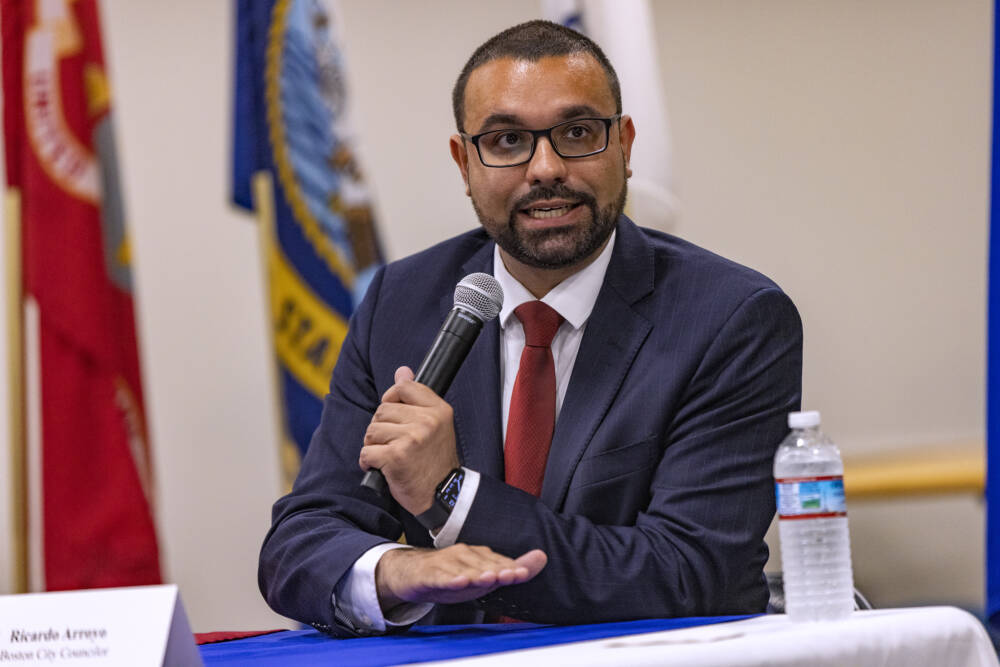 Ricardo Arroyo speaks during the Suffolk District Attorney Forum at the Suffolk County House of Corrections. (Jesse Costa/WBUR)