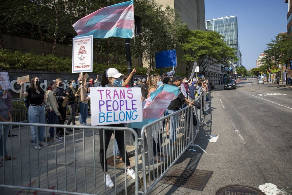 Supporters of transgender rights rally in Boston. (Robin Lubbock/WBUR)