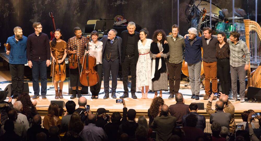 Composer Osvaldo Golijov (6th from left) with all performers in the BSO and Celebrity Series production of his Falling Out of Time in Symphony Hall. (Courtesy of Hilary Scott)