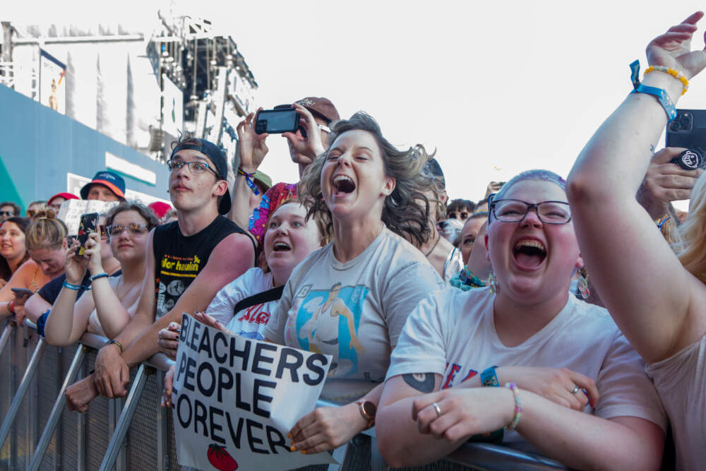Bleachers fans cheer on their performance at Boston calling. (Jacob Garcia/WBUR)